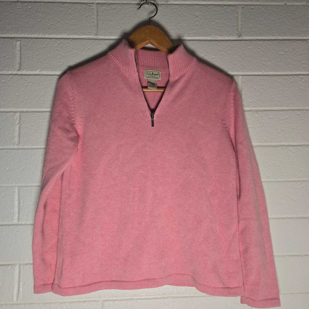 Vtg LL Bean Womens Quarter Zip Sweater Pink Cotton Knit Pullover Cabin Pastel M